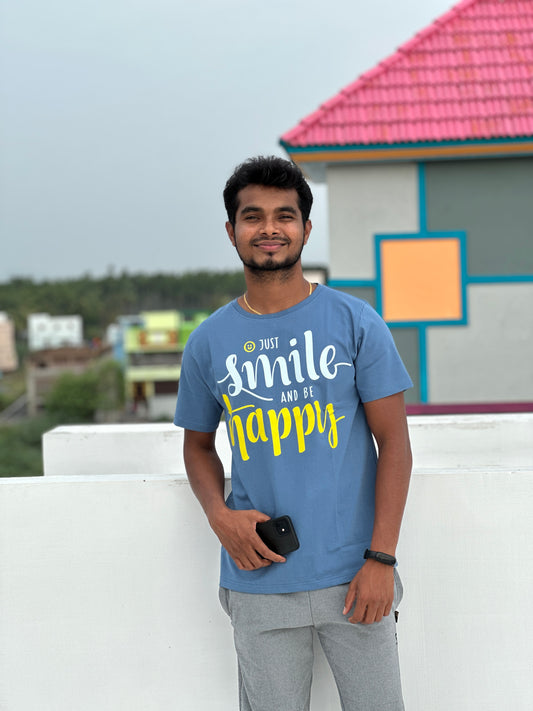 "Smile & Be Happy" Sky Blue Graphic T-Shirt